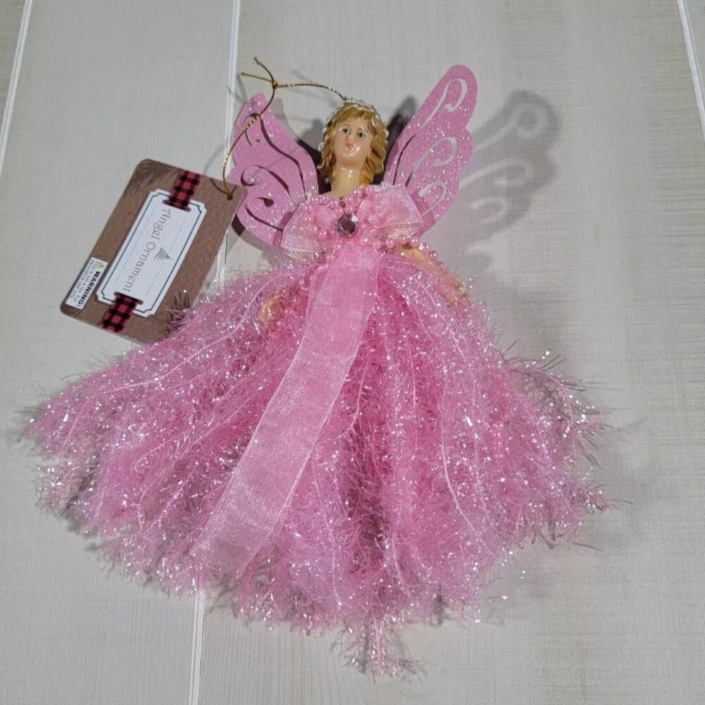 Angel Ornament ~ Holiday Decorations ~ Pink Tinsel, Beads, Jewel ~ 8 Inch